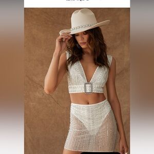 12th tribe Violet White Rhinestone Mesh Mini Skirt